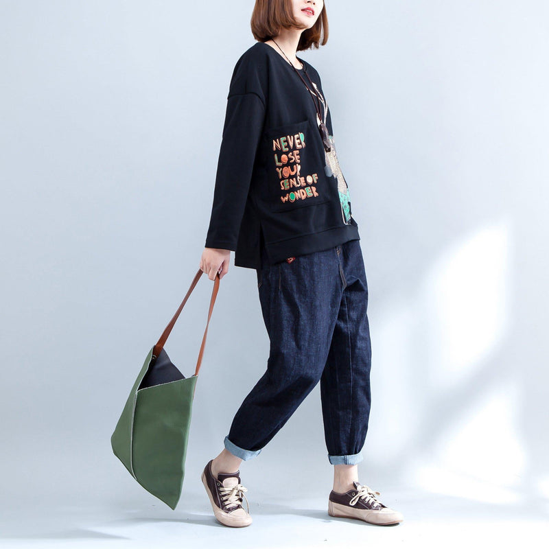 Black Cartoon Print Cotton Tops Oversize O Neck T Shirt Side Open