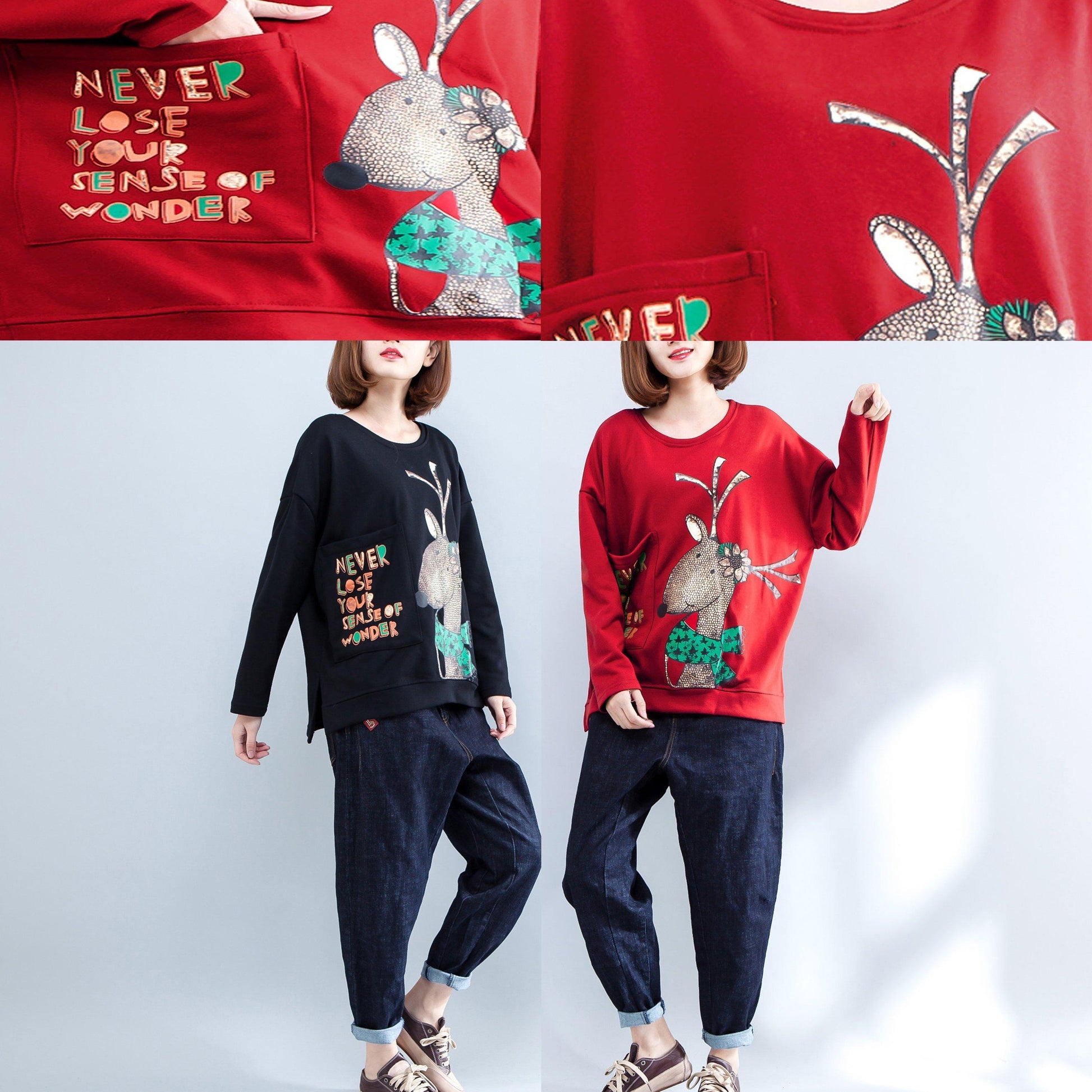 2025 black cartoon print fashion cotton tops oversize o neck t shirt side open