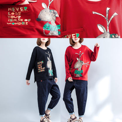 2025 black cartoon print fashion cotton tops oversize o neck t shirt side open