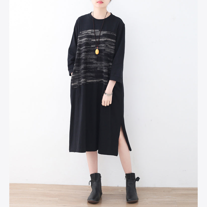 Black Cotton Knee Dress Oversized Traveling Dress Boutique Side Open Striped Cotton Dresses