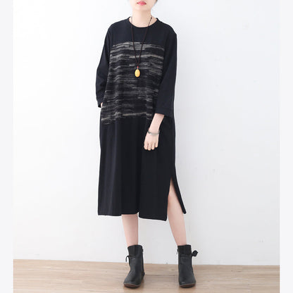 Black Cotton Knee Dress Oversized Traveling Dress Boutique Side Open Striped Cotton Dresses