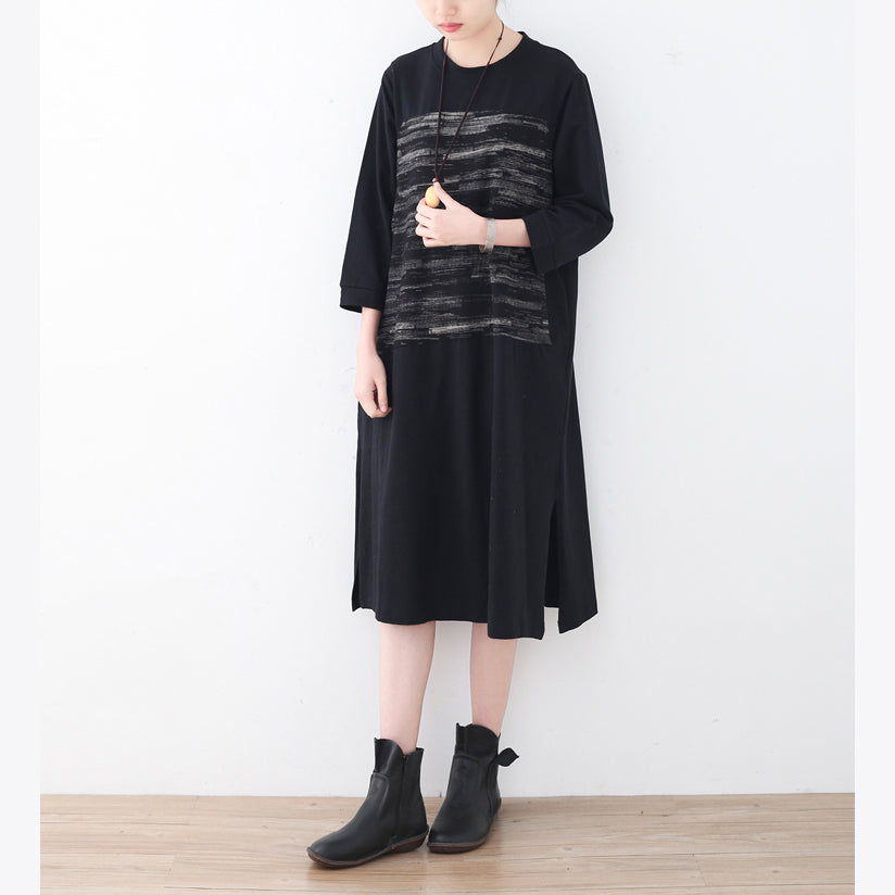 Black Cotton Knee Dress Oversized Traveling Dress Boutique Side Open Striped Cotton Dresses