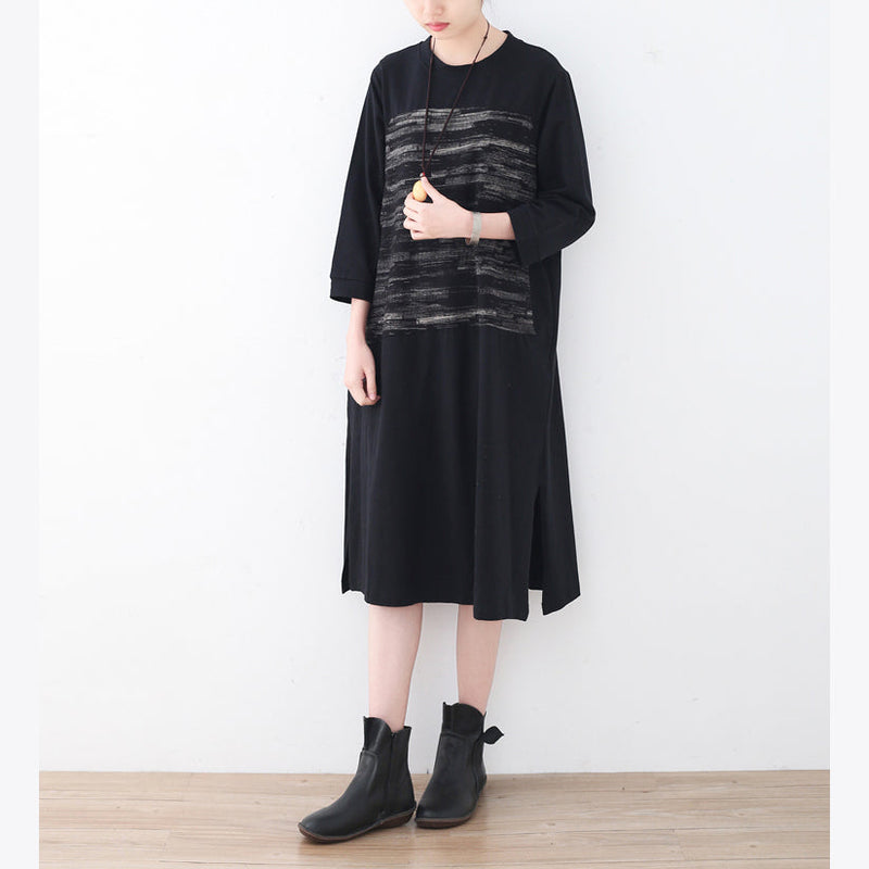 Black Cotton Knee Dress Oversized Traveling Dress Boutique Side Open Striped Cotton Dresses