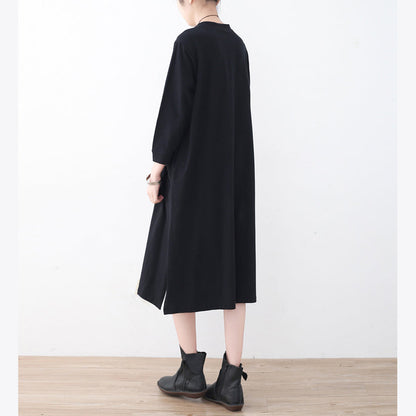 Black Cotton Knee Dress Oversized Traveling Dress Boutique Side Open Striped Cotton Dresses