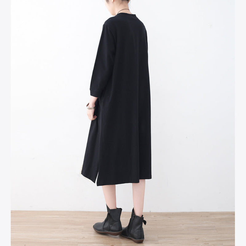 Black Cotton Knee Dress Oversized Traveling Dress Boutique Side Open Striped Cotton Dresses