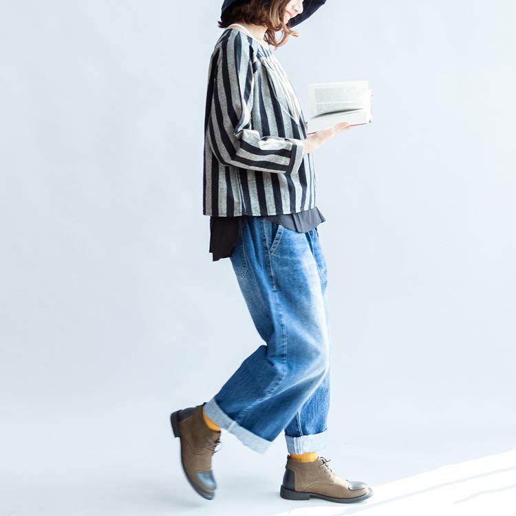 Black Gray Striped Linen Tops Linen Long Sleeve T Shirts