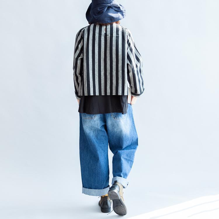 Black Gray Striped Linen Tops Linen Long Sleeve T Shirts