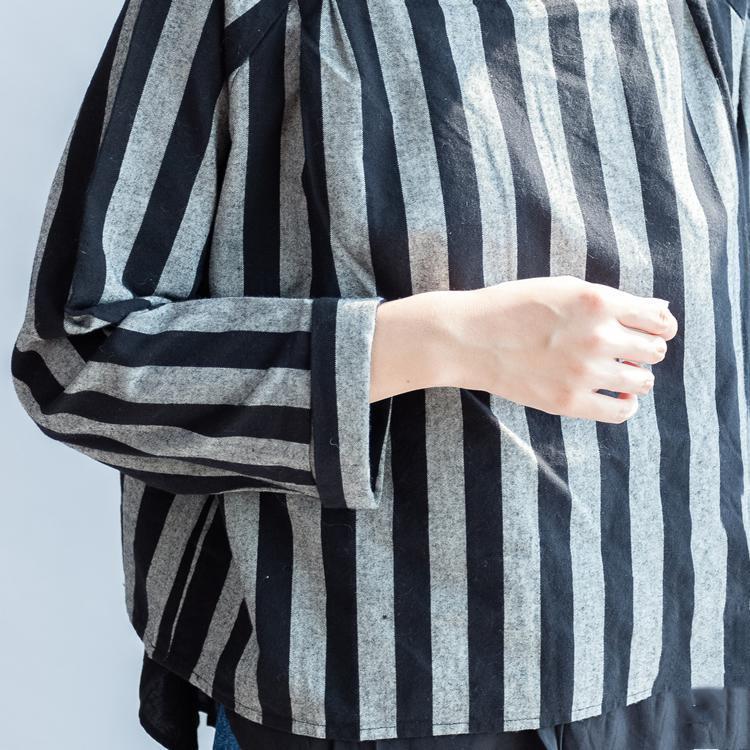 Black Gray Striped Linen Tops Linen Long Sleeve T Shirts