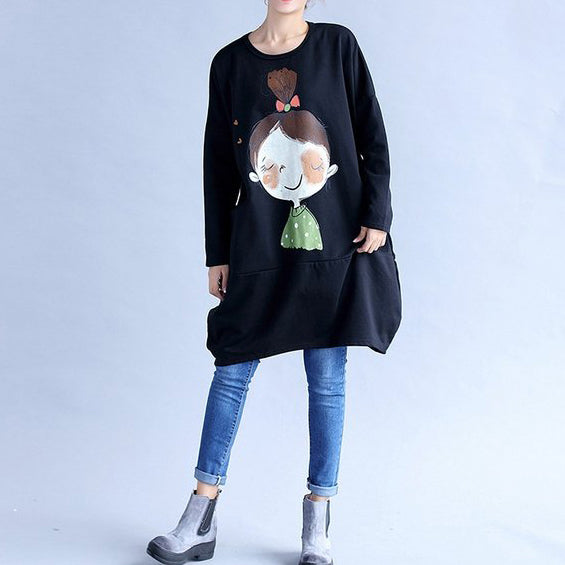 Black Prints Cotton Dresses Oversize Big Pockets Traveling Dress