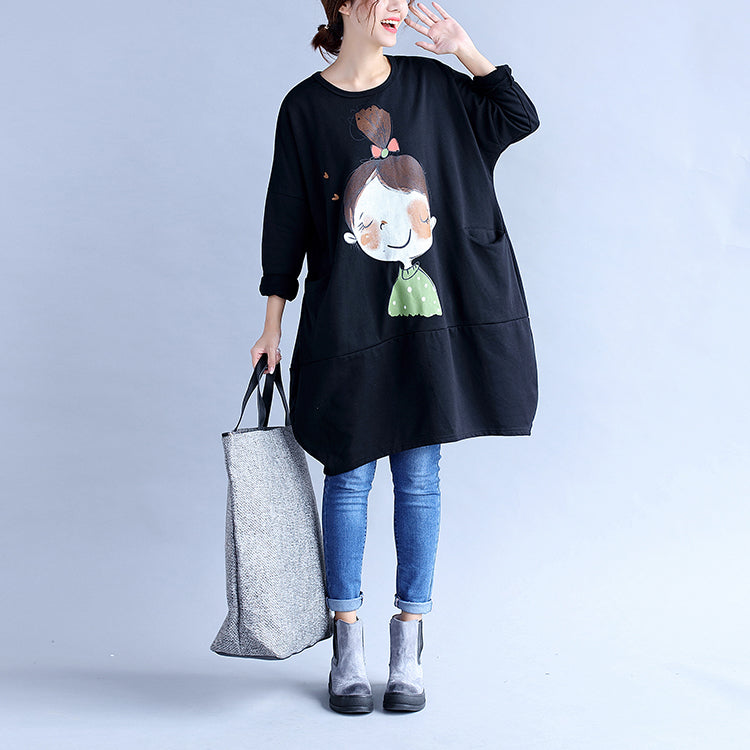 Black Prints Cotton Dresses Oversize Big Pockets Traveling Dress