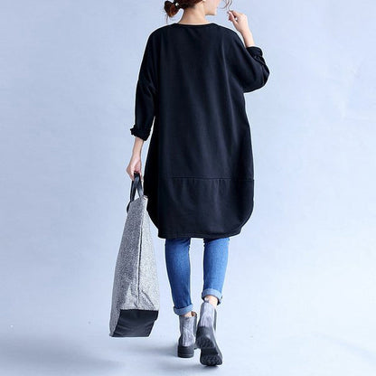 Black Prints Cotton Dresses Oversize Big Pockets Traveling Dress
