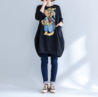 Black Warm Animal Print Cotton Dress Long Sleeve Pullover Dress