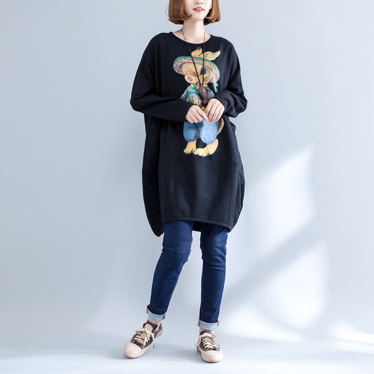 Black Warm Animal Print Cotton Dress Long Sleeve Pullover Dress