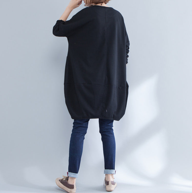 Black Warm Animal Print Cotton Dress Long Sleeve Pullover Dress