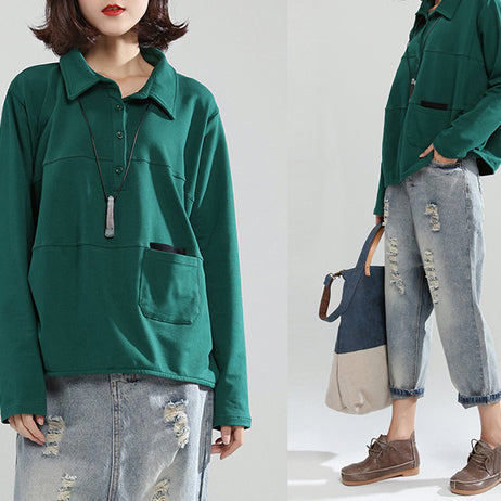 Blackish Green Cotton Tops Baggy Loose Patchwork Shirt Tops