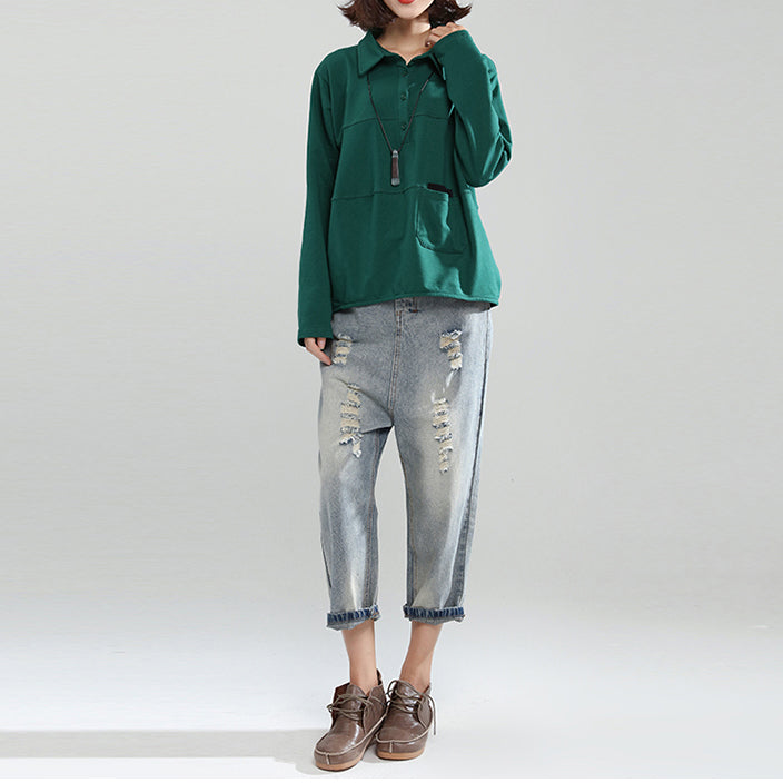 Blackish Green Cotton Tops Baggy Loose Patchwork Shirt Tops