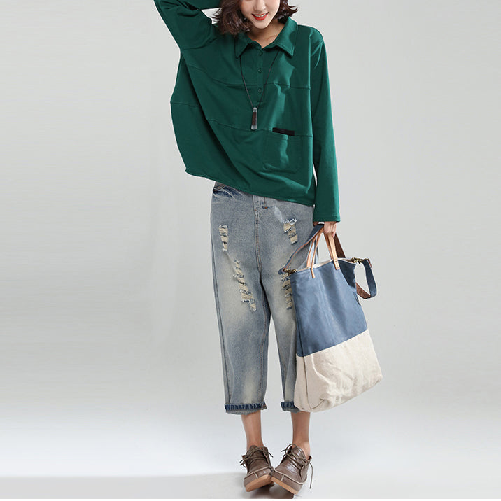 2025 blackish green cotton casual tops baggy loose patchwork shirt tops