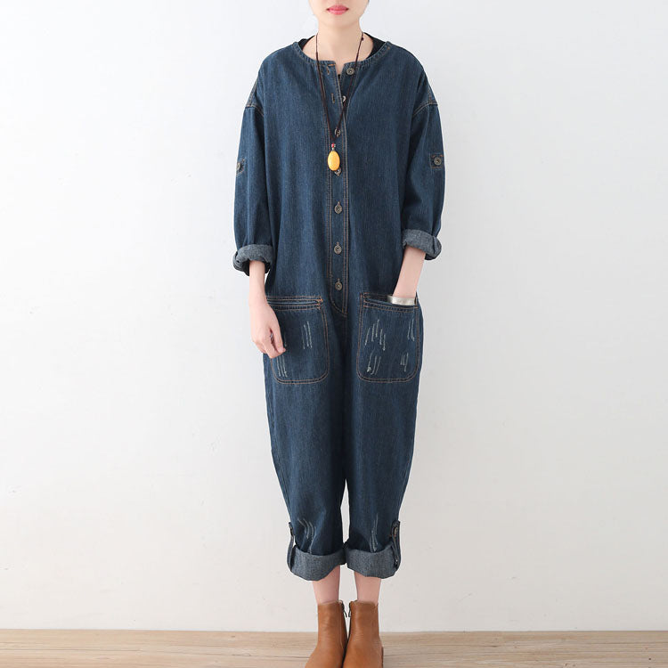 Blue Cotton High Waist Jumpsuit Pants