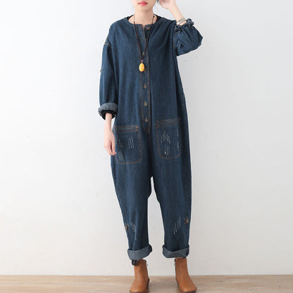 Blue Cotton High Waist Jumpsuit Pants