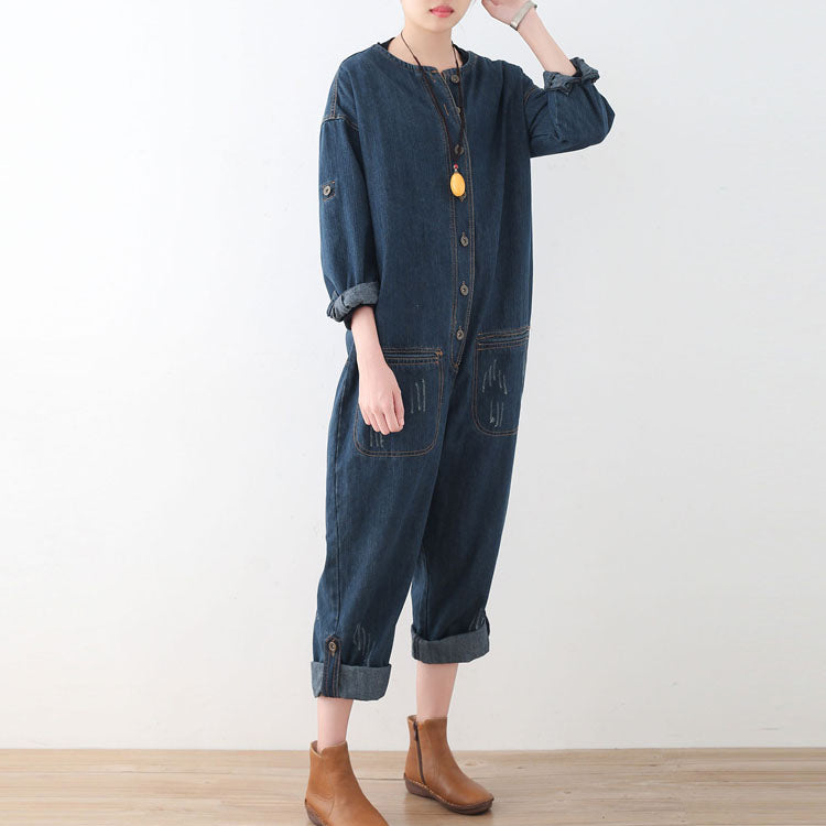 Blue Cotton High Waist Jumpsuit Pants