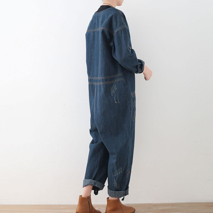 Blue Cotton High Waist Jumpsuit Pants