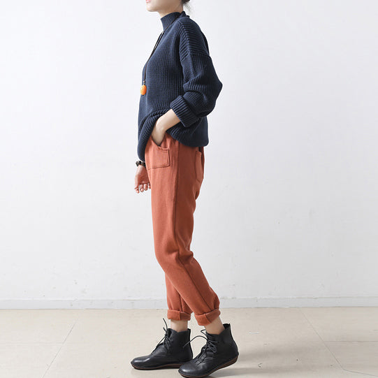 Blue Chunky Winter Sweaters Short Knit Tops Oversized Knit Pullover