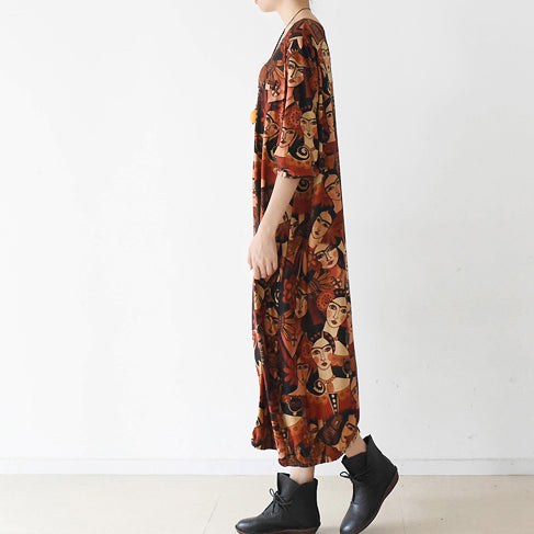 Brown Prints Cotton Dress Clothing O Neck Cotton Clothing Dresses