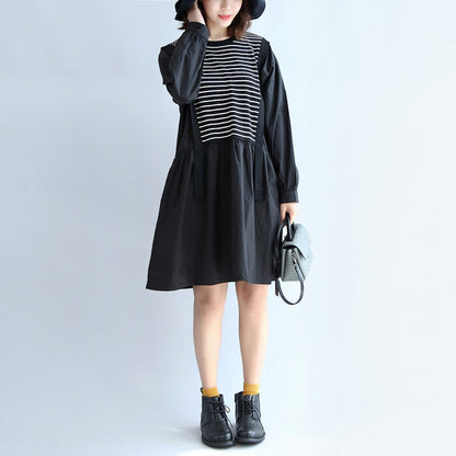 Dark Striped Knit Patchwork Cotton Dresses O Neck Dress