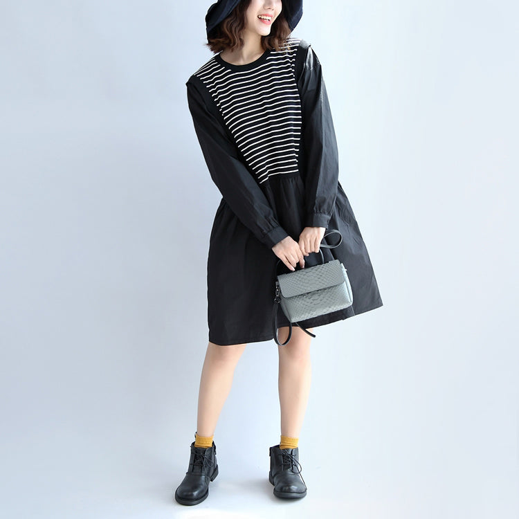 Dark Striped Knit Patchwork Cotton Dresses O Neck Dress