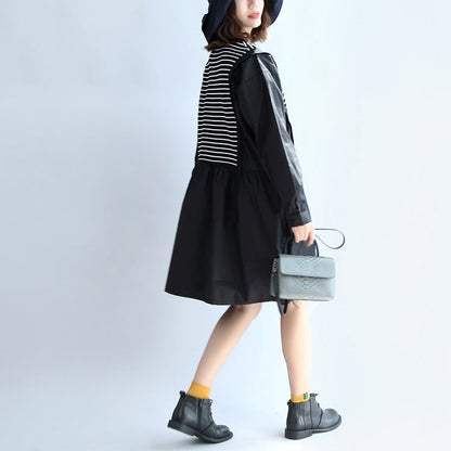 Dark Striped Knit Patchwork Cotton Dresses O Neck Dress