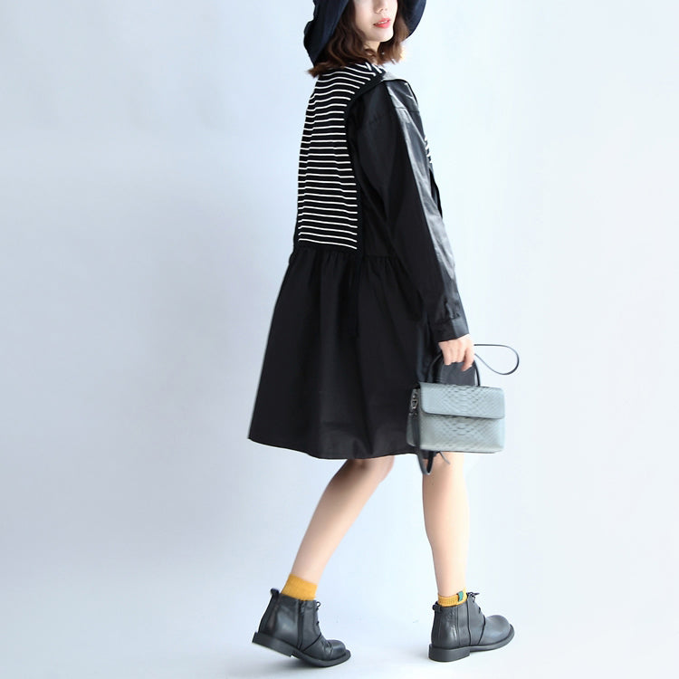 Dark Striped Knit Patchwork Cotton Dresses O Neck Dress