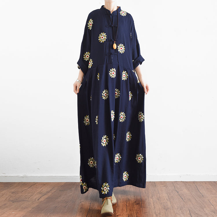 Fall Navy Embroidered Chiffon Dresses Oversized Chiffon Gown Caftans Traveling