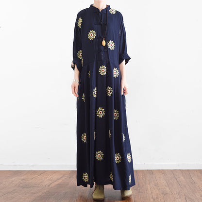 Fall Navy Embroidered Chiffon Dresses Oversized Chiffon Gown Caftans Traveling