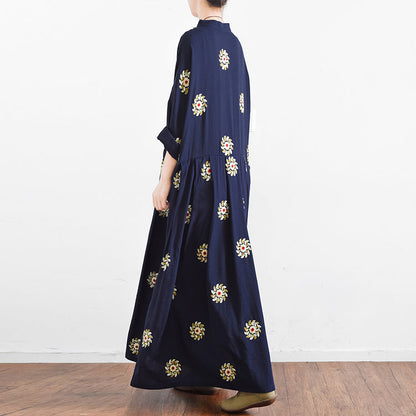 Fall Navy Embroidered Chiffon Dresses Oversized Chiffon Gown Caftans Traveling