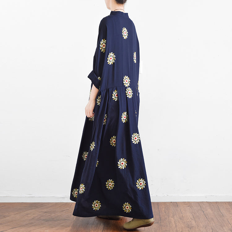 Fall Navy Embroidered Chiffon Dresses Oversized Chiffon Gown Caftans Traveling