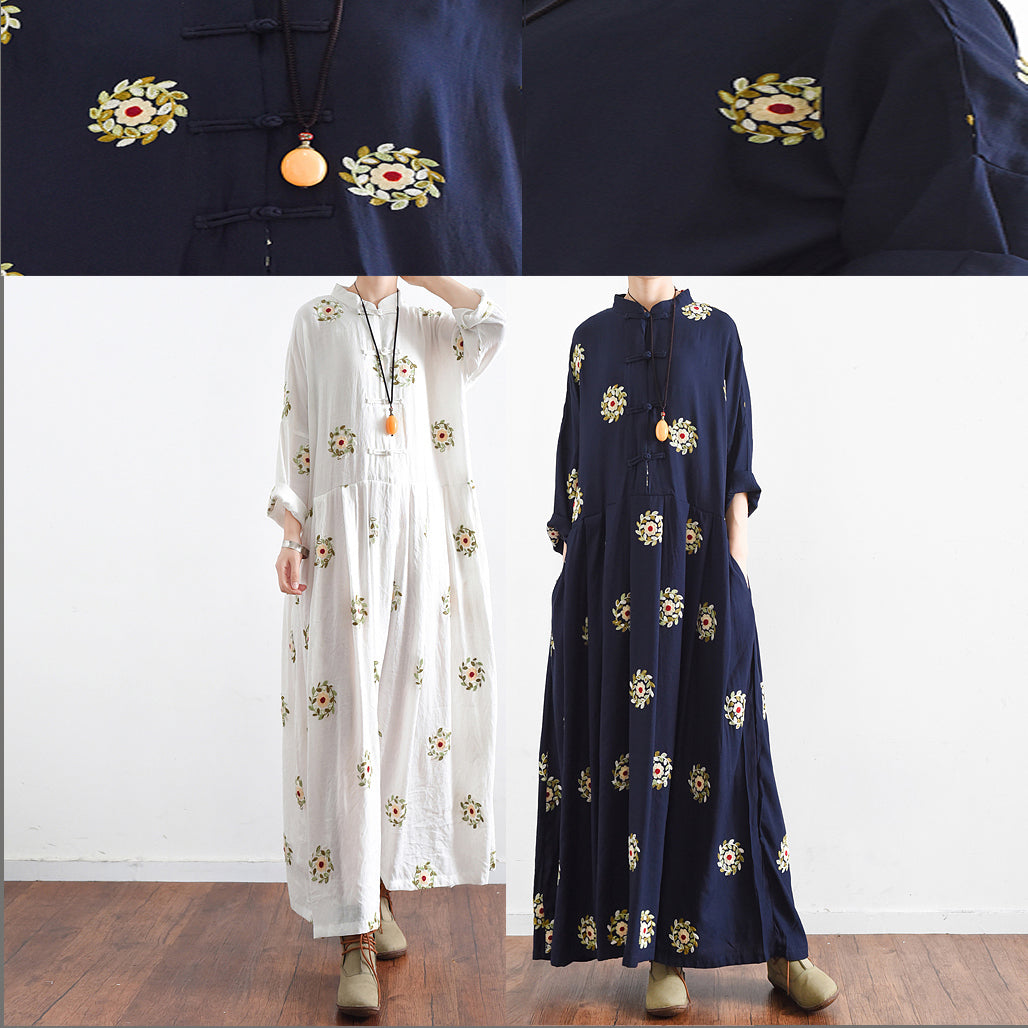 Fall Navy Embroidered Chiffon Dresses Oversized Chiffon Gown Caftans Traveling