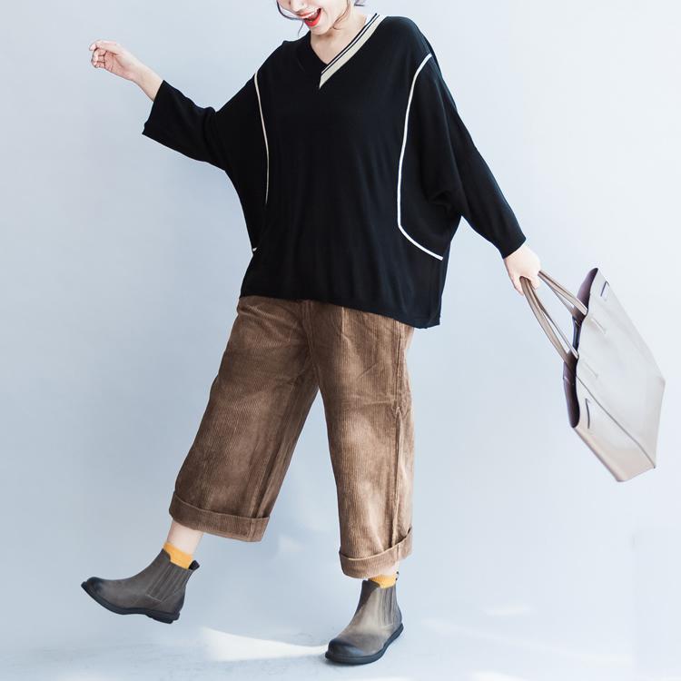 Fall Black V Neck Cotton Sweater Patchwork Knit Tops