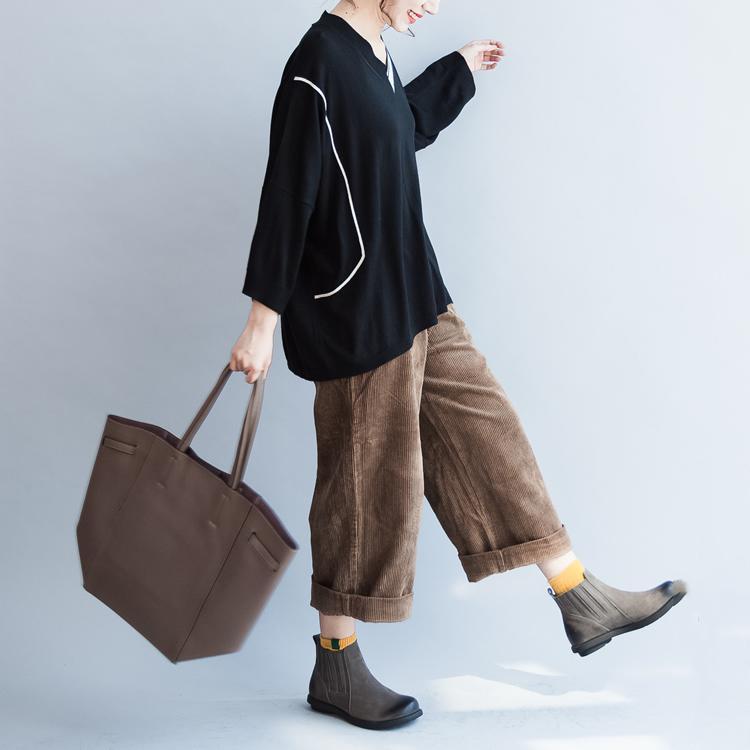 Fall Black V Neck Cotton Sweater Patchwork Knit Tops