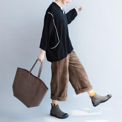 Fall Black V Neck Cotton Sweater Patchwork Knit Tops