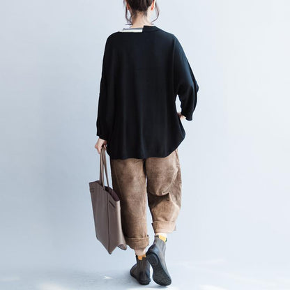 Fall Black V Neck Cotton Sweater Patchwork Knit Tops