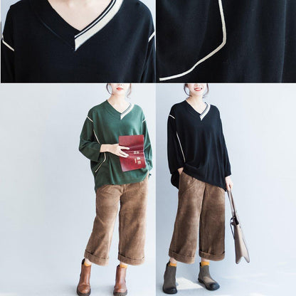 Fall Black V Neck Cotton Sweater Patchwork Knit Tops