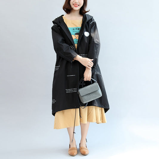 Fall Black Alphabet Print Cotton Blouse Oversize Long Sleeve Hooded Coat
