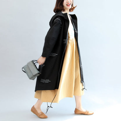 Fall Black Alphabet Print Cotton Blouse Oversize Long Sleeve Hooded Coat