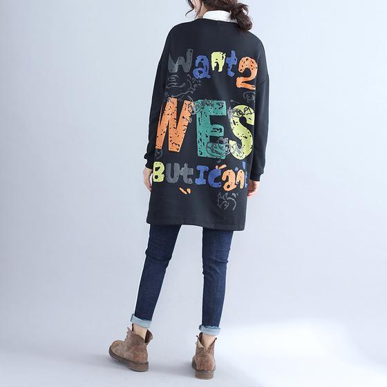 Fall Black Alphabet Print Cotton Coat V Neck Hooded Cardigans Outwear