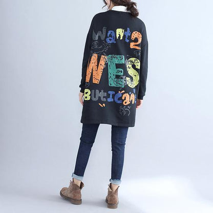 Fall Black Alphabet Print Cotton Coat V Neck Hooded Cardigans Outwear