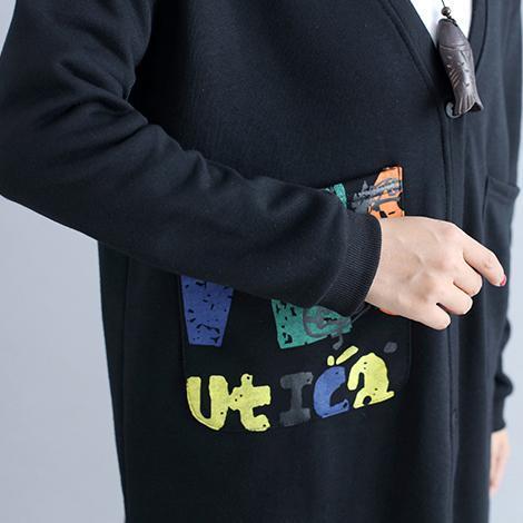 Fall Black Alphabet Print Cotton Coat V Neck Hooded Cardigans Outwear