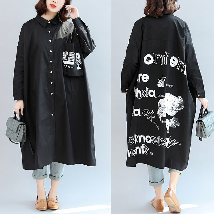 Fall Black Animal Print Cotton Tops Oversize O Neck Shirt Dress