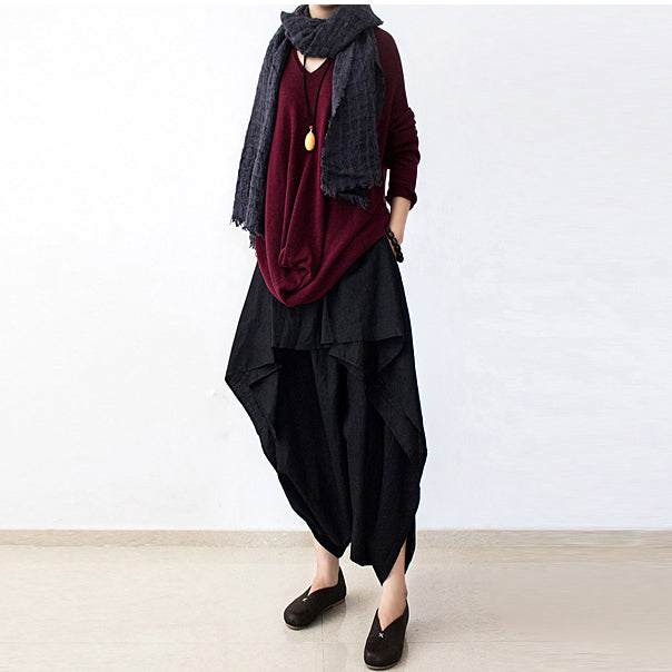 Fall Black Carrot Pants Oversized Linen Pants Layered Pants Elastic Waist