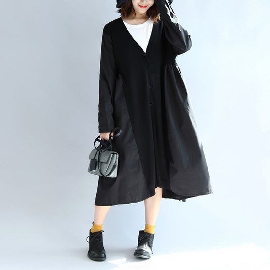 Fall Black Patchwork Silk Knit Cardigans V Neck Sweaters Outwear