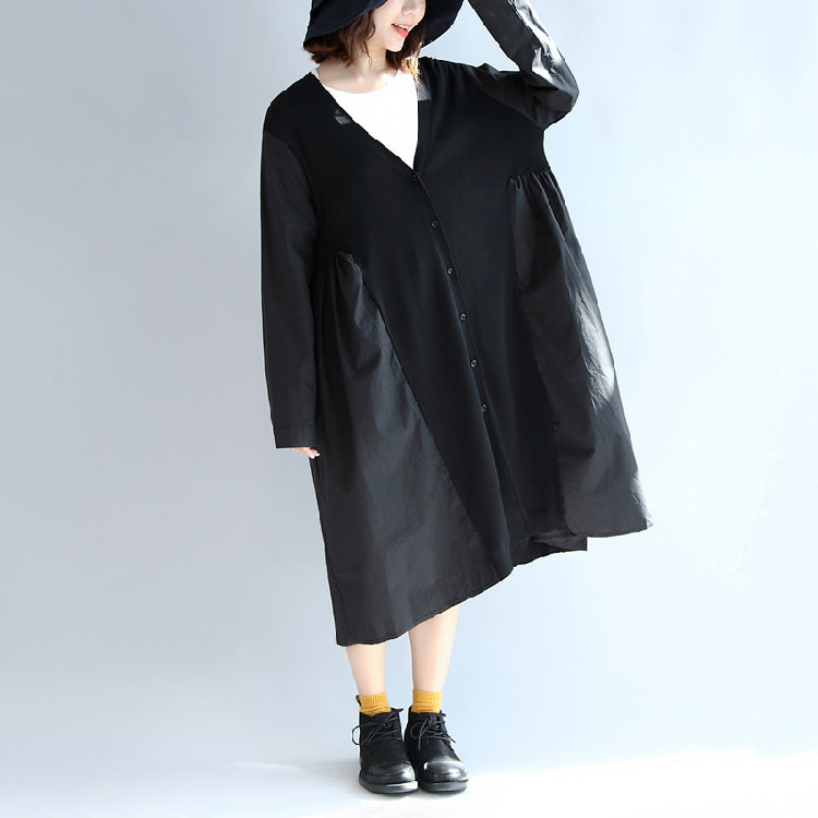 Fall Black Patchwork Silk Knit Cardigans V Neck Sweaters Outwear